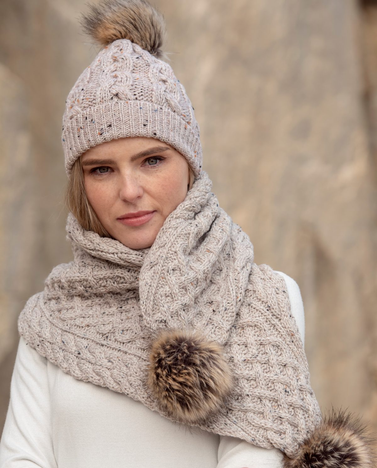 Aran Cable Knit Beanie with Faux Fur Pom Pom Scotland House,