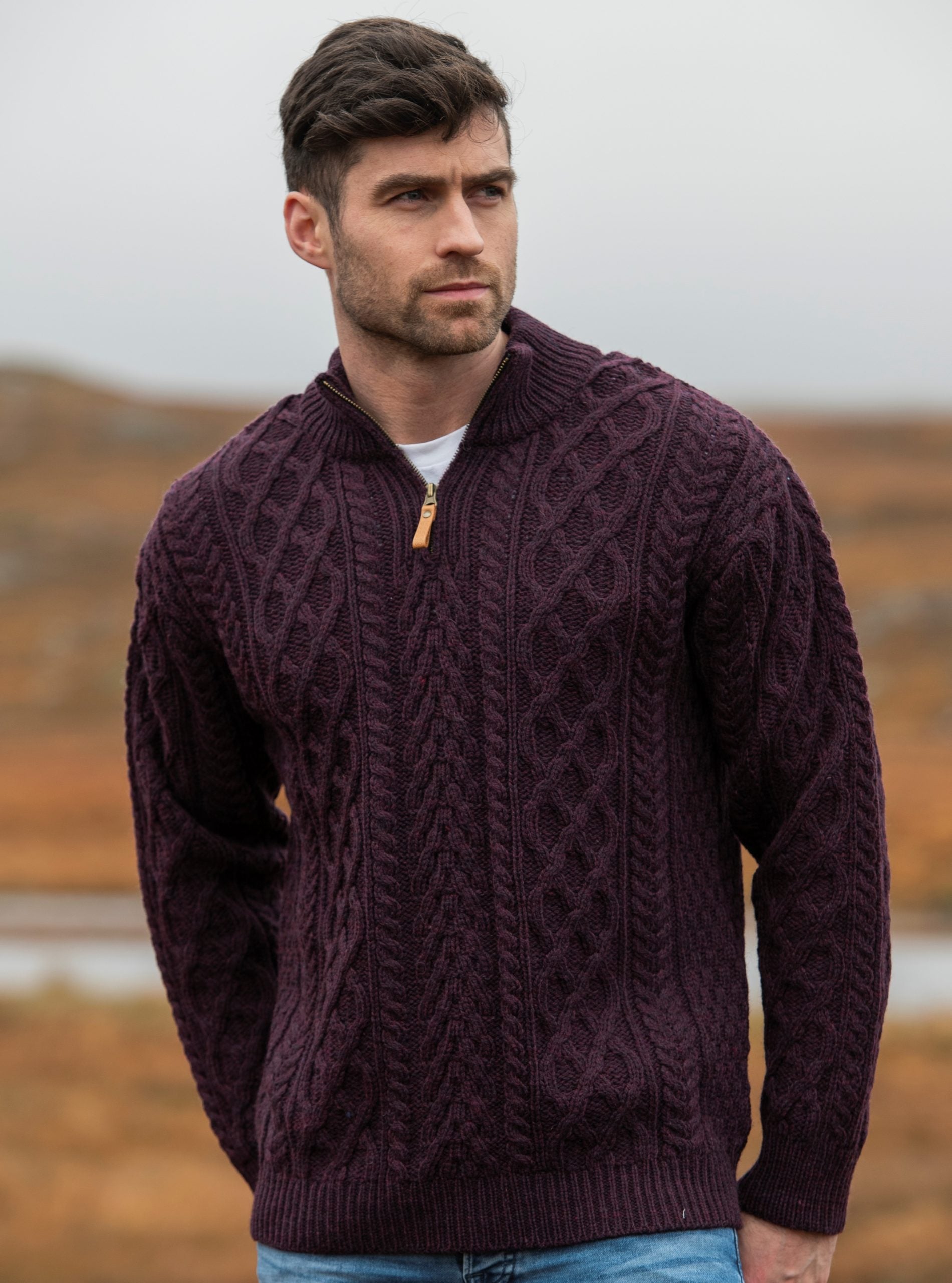 Men's Half-Zip Aran Sweater Scotland House,