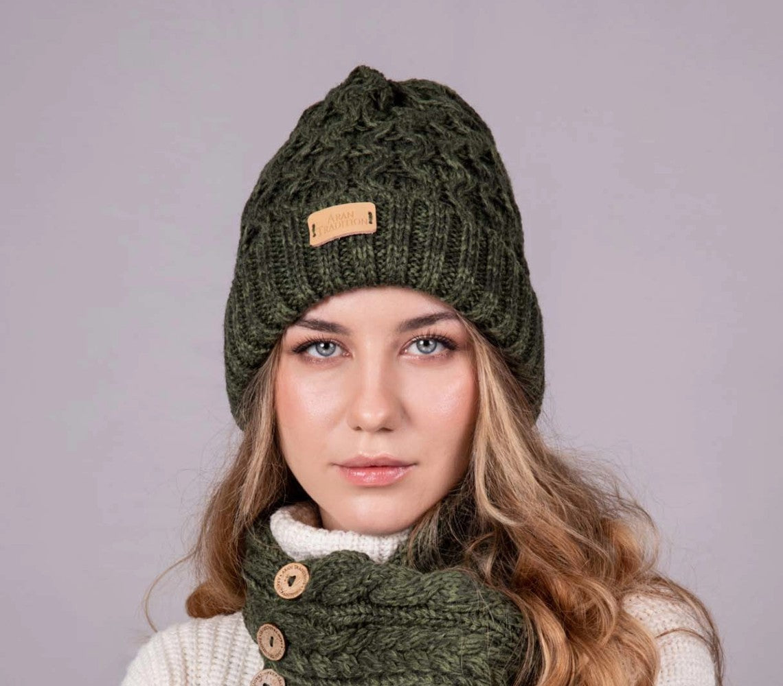 Dark Green Aran Cable Beanie | Unisex