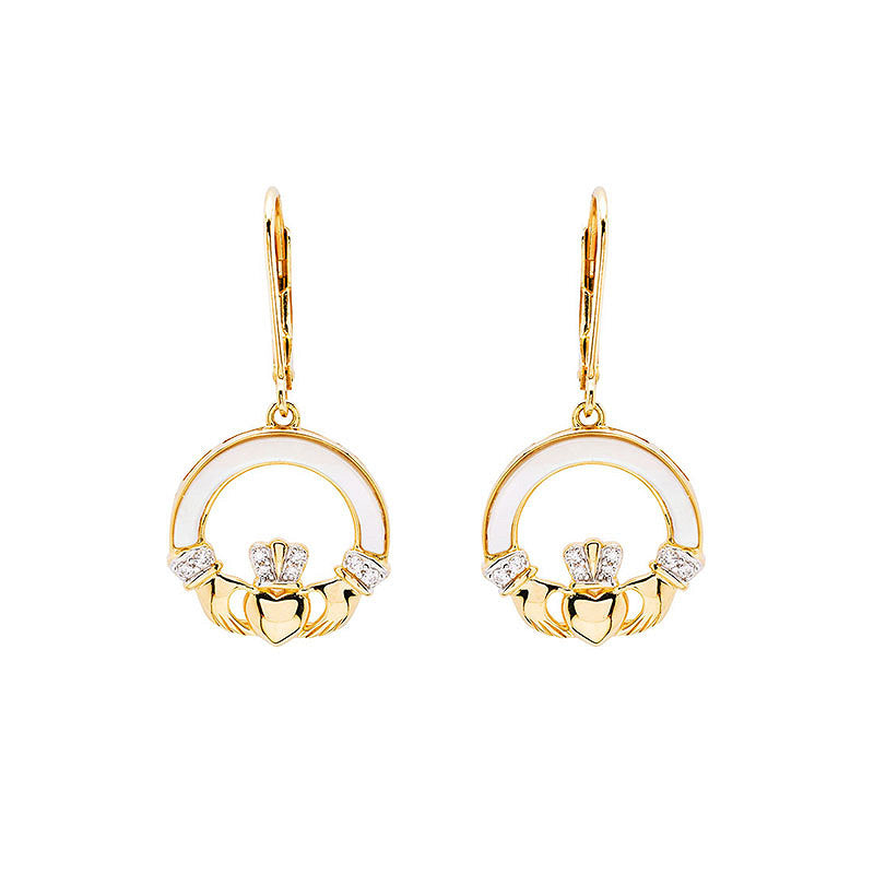 14KT Gold Vermeil Mother of Pearl CZ Claddagh Earrings