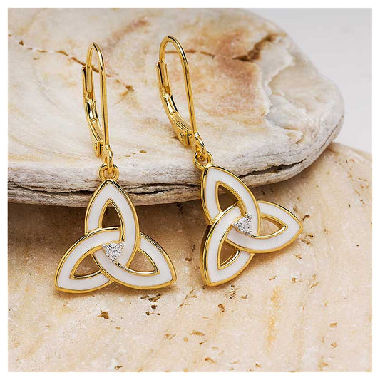 14KT Gold Vermeil White Enamel Trinity Drop Earrings
