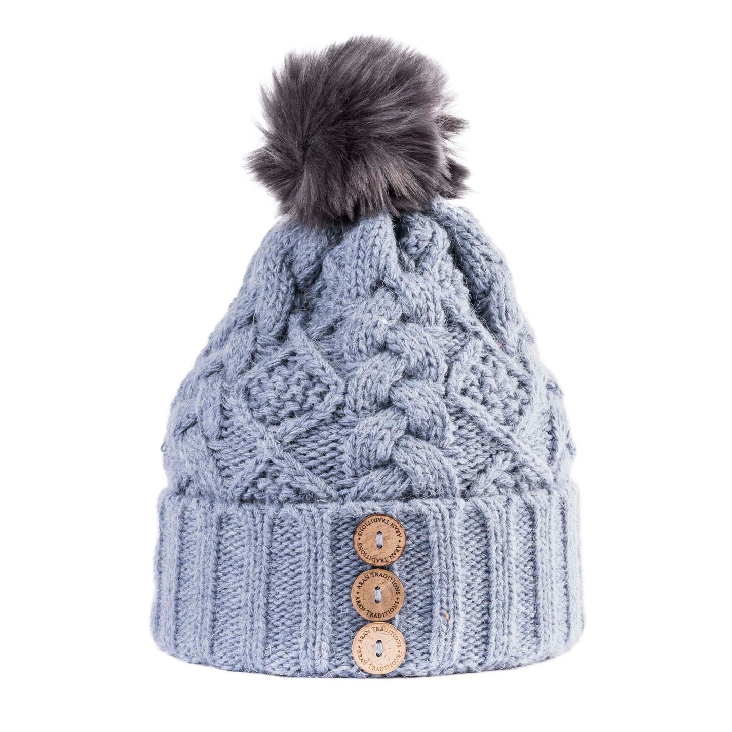 Aran Diamond Cable Button Hat - Slate