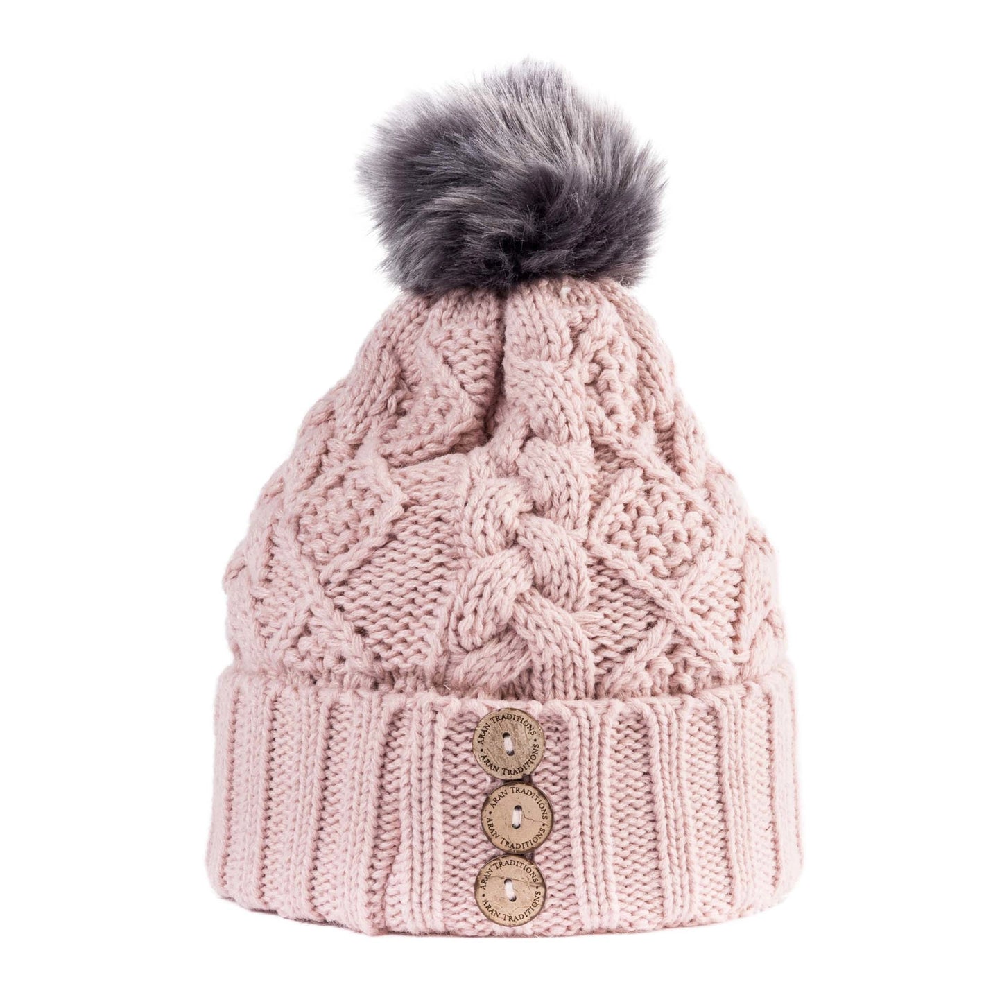 Aran Diamond Cable Button Hat - Blush