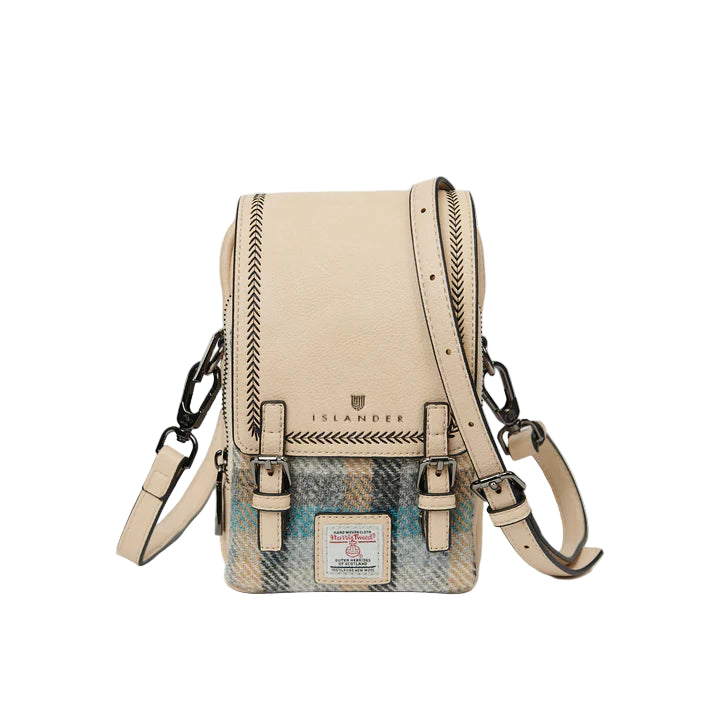 Beige and plaid patterned handbag with straps on a light gray background