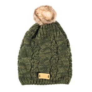 Dk Green Cable Fur Pom Pom Hat