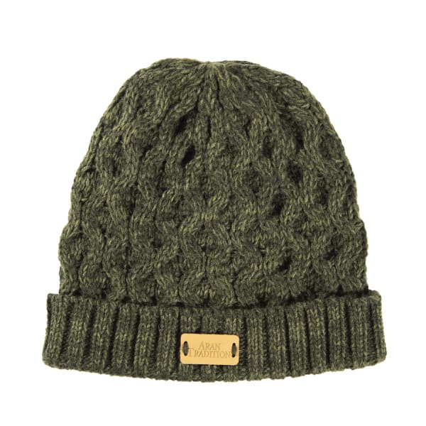 Aran Cable Beanie Hat - Dark Green