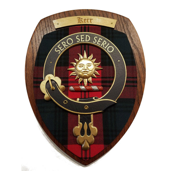 wooden wall plaque with Kerr family crest & tartan