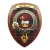 wooden wall plaque with MacDonald family crest & tartan