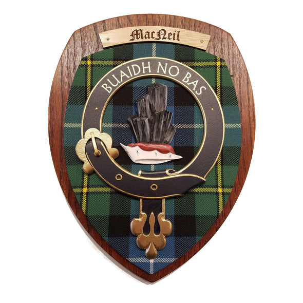 wooden wall plaque with MacNeil family crest & tartan