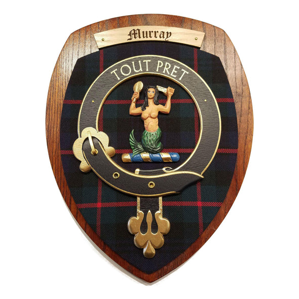 wooden wall plaque with Murray family crest & tartan