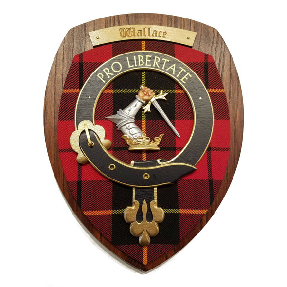 wooden wall plaque with Wallace family crest & tartan