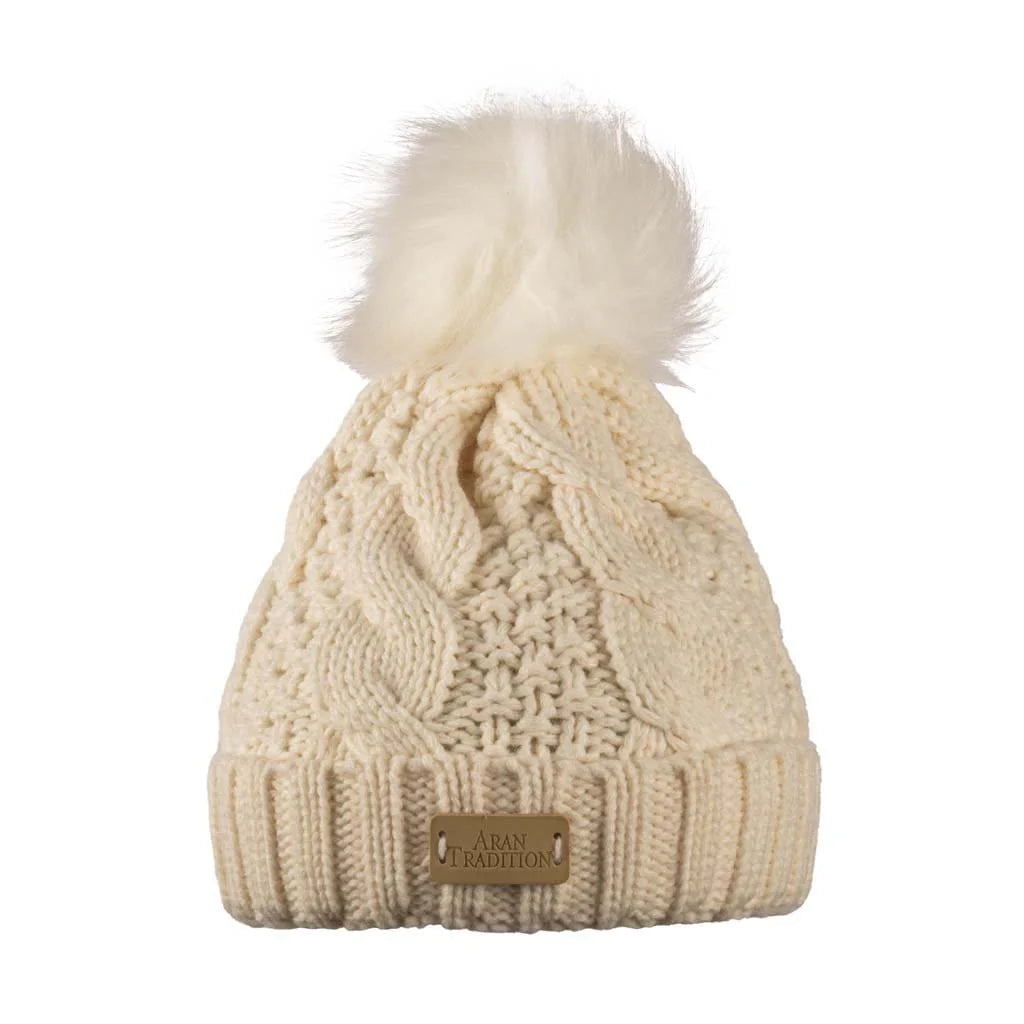Cable Beanie with Faux Fur Pom Pom