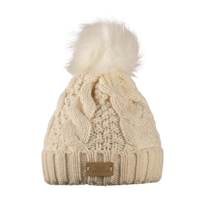 Cable Beanie with Faux Fur Pom Pom