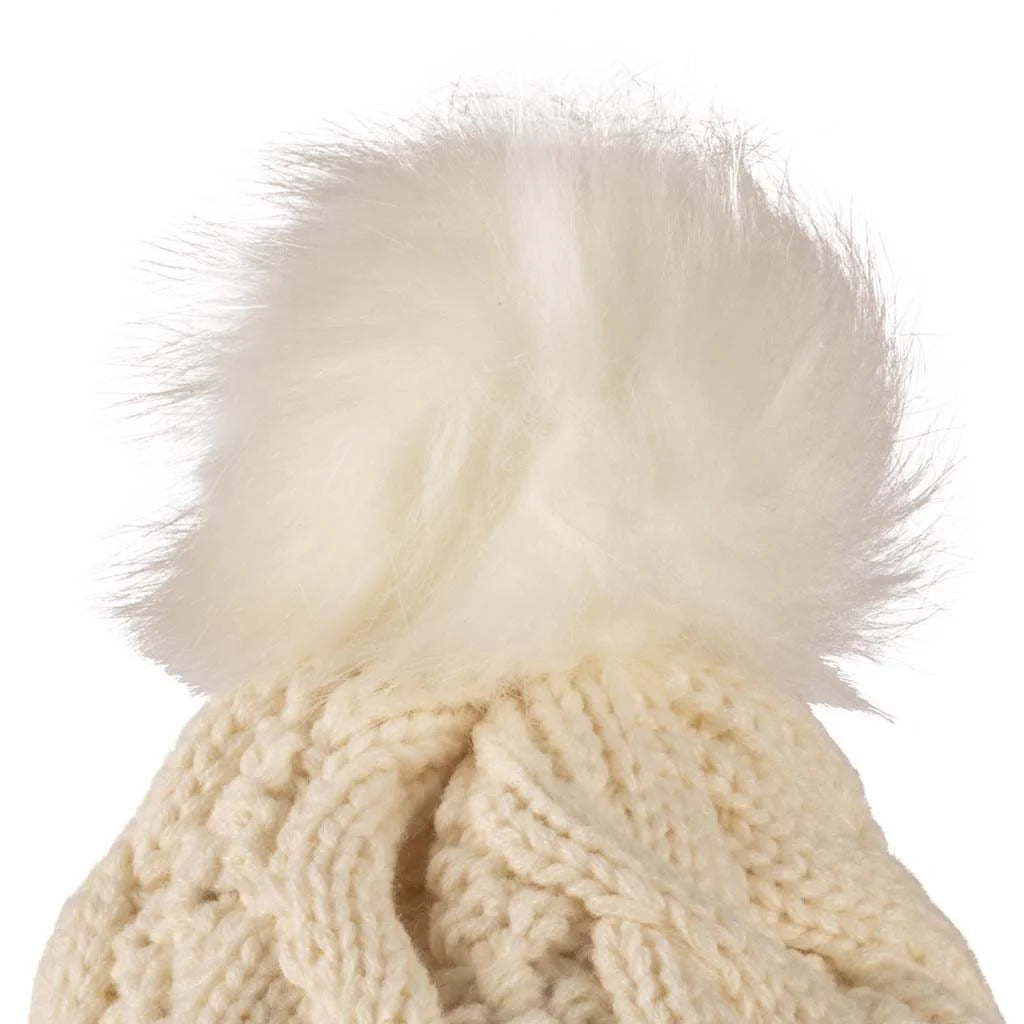 Cable Beanie with Faux Fur Pom Pom