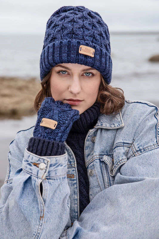Navy Aran Cable Fingerless Gloves
