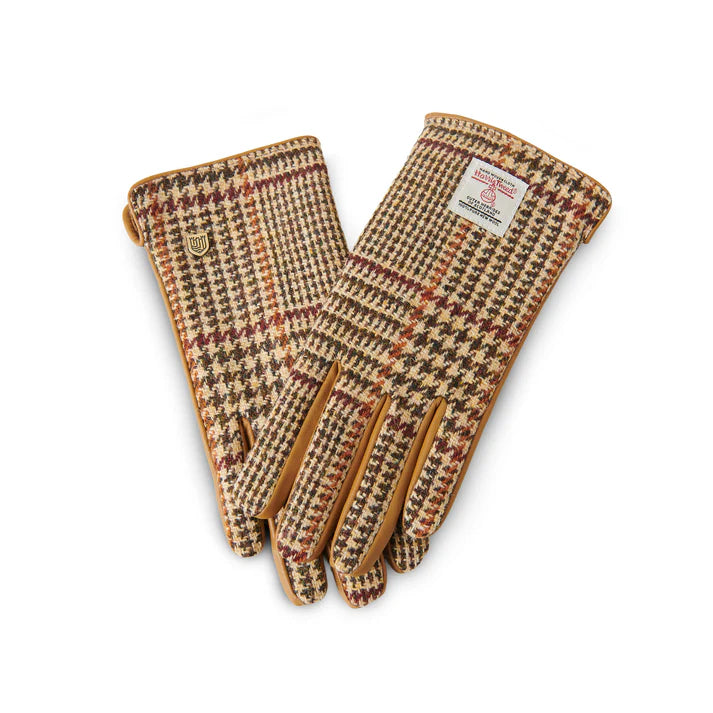 Ladies Harris Tweed & Genuine Leather Gloves| Beige Dogtooth