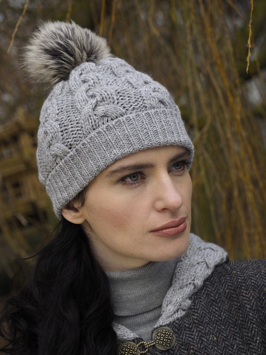 Aran Cable Knit Beanie with Faux Fur Pom Pom | Scotland House, Ltd.