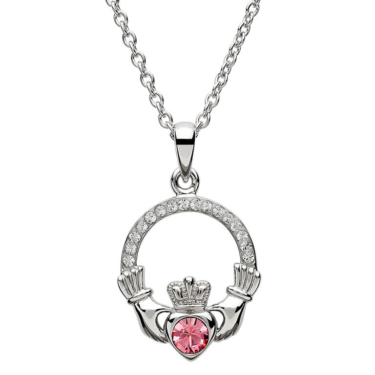Sterling Silver Claddagh Birthstone Necklace W/ Swarvoski Crystals