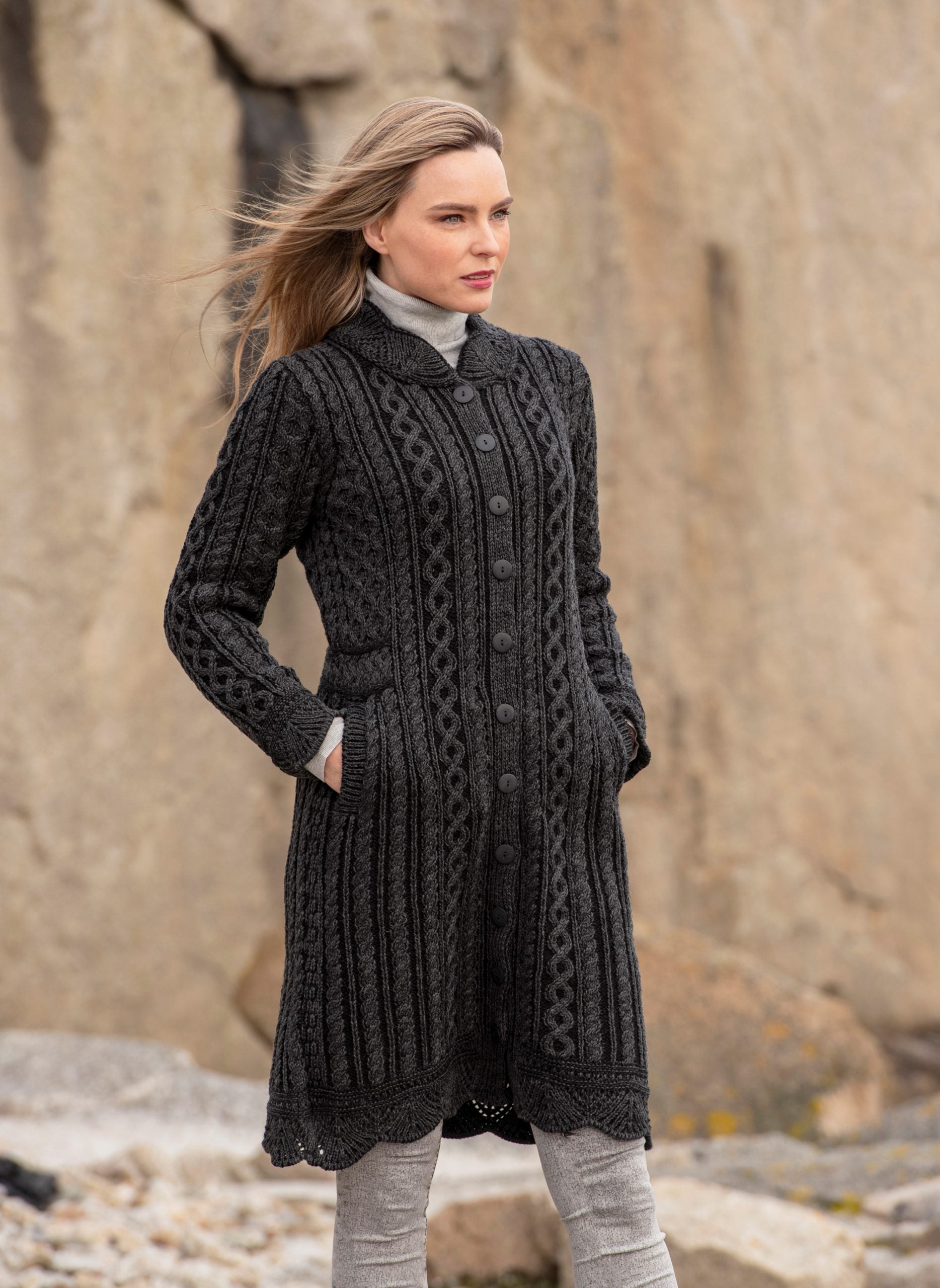 Aran Irish Cable Knit Cardigan Sweater – 100% Merino Wool – Women's Long Jacket