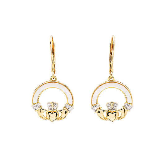 14KT Gold Vermeil Mother of Pearl CZ Claddagh Earrings