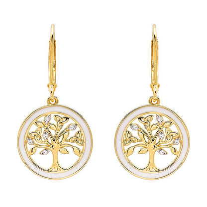 14KT Gold Vermeil White Enamel Tree of Life Drop Earrings