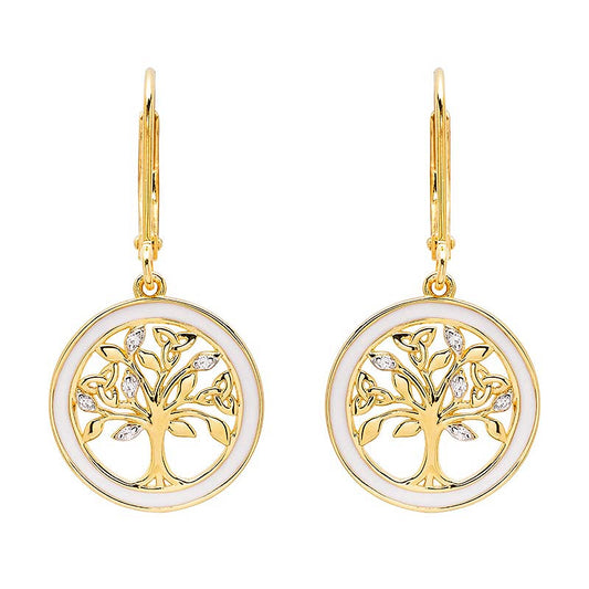 14KT Gold Vermeil White Enamel Tree of Life Drop Earrings