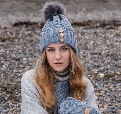 Aran Diamond Cable Button Hat - Slate