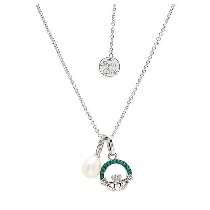 Sterling Silver Pearl/Crystal Claddagh Necklace