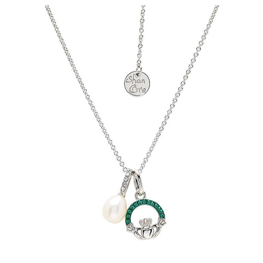 Sterling Silver Pearl/Crystal Claddagh Necklace