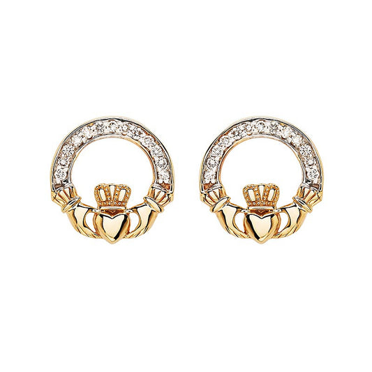 14KT Gold Claddagh Earrings w/ Lab Diamonds