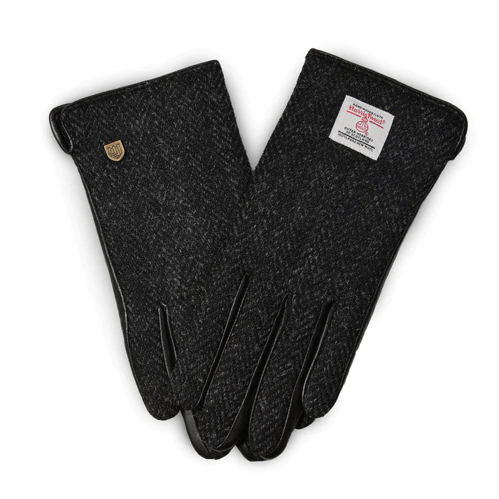 Ladies Harris Tweed Gloves Black Grey Herringbone L