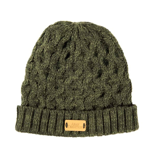 Aran Cable Beanie Hat - Dark Green