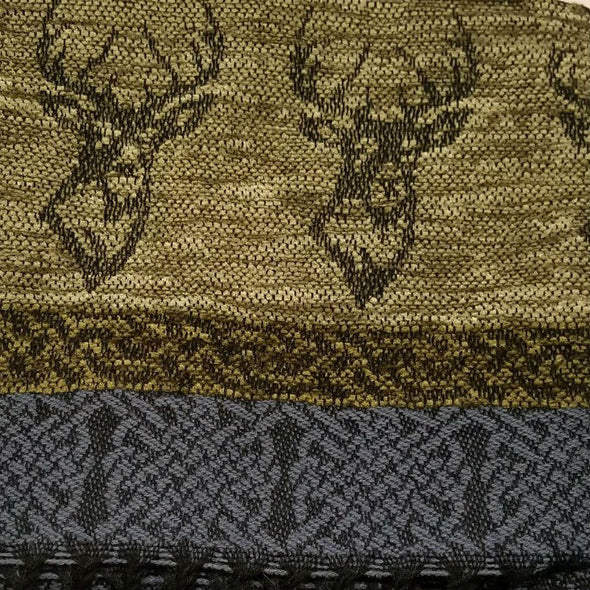 gold, black & grey wool & chenille scarf with stag design