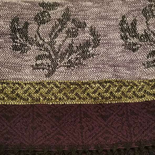 pink, purple, gold & black wool & chenille scarf with thistle design