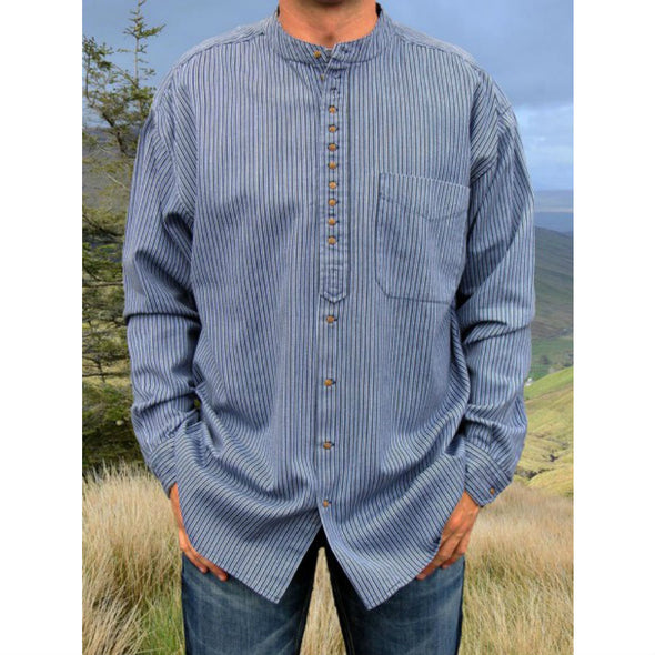Irish grandfather shirt, cotton & linen, blue with vertical navy stripes