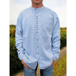 Irish grandfather shirt, cotton & linen, blue & white vertical stripes