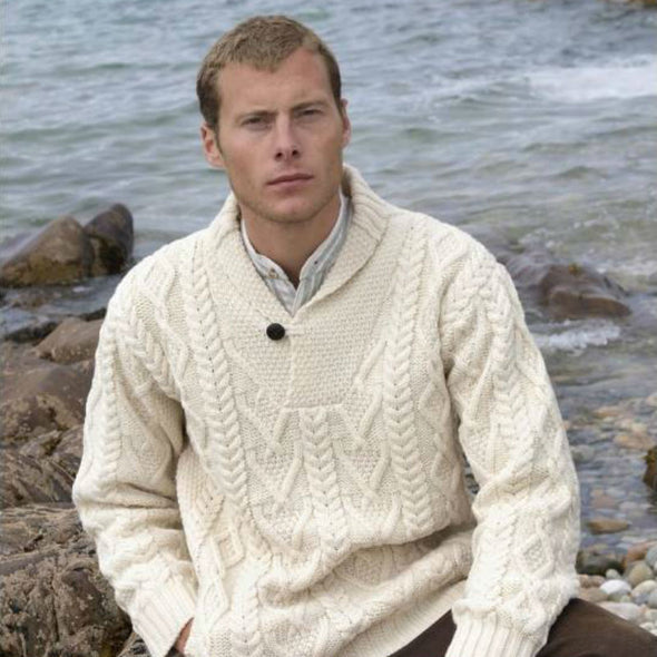 men's Merino wool shawl collar sweater in cream color
