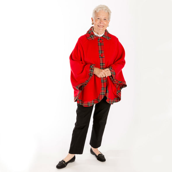 red wool blend cape with tartan plaid trim, Royal Stewart modern