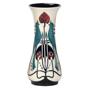tall narrow Moorcroft Pottery vase with white, blue, red & black design