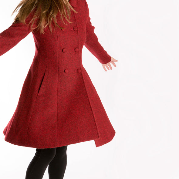 red Harris Tweed wool long coat for women