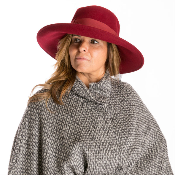 wide-brim burgundy wool hat, women's