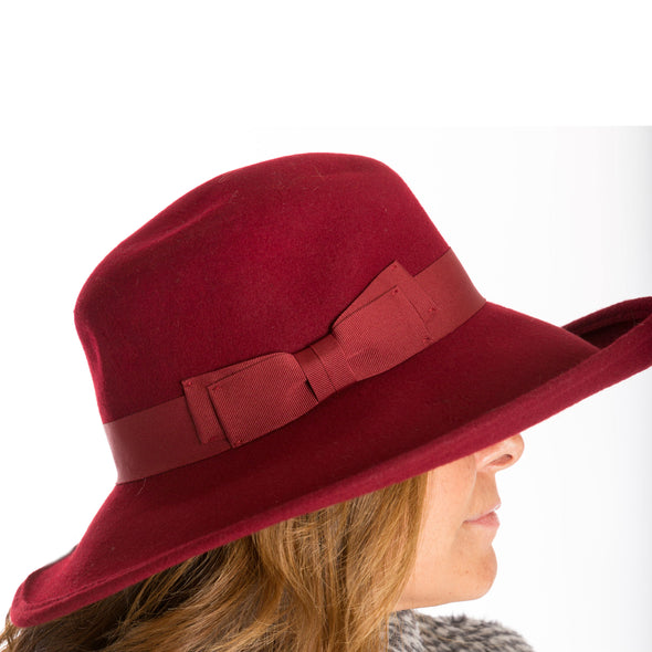 wide-brim burgundy wool hat, women's