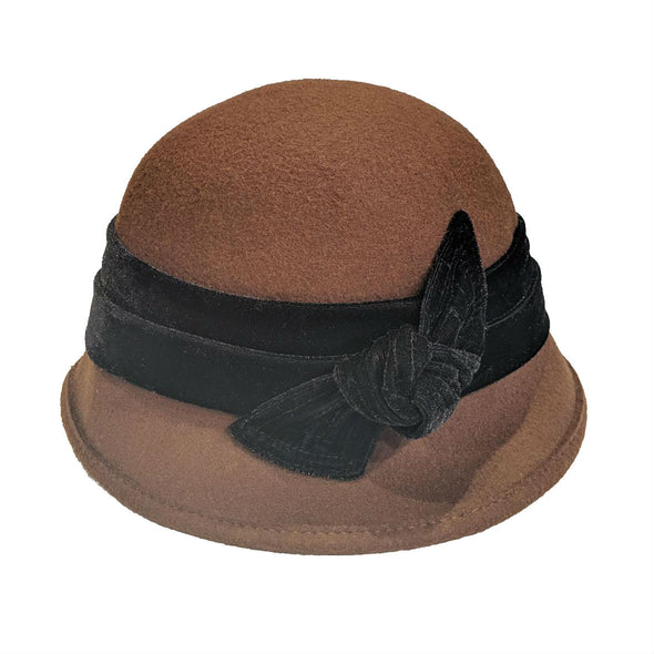 Brown Wool Cloche Hat with Black Velvet Band and Bow