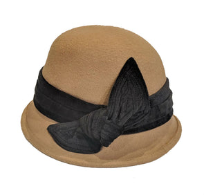 Tan Wool Cloche Hat with Black Velvet Band and Bow