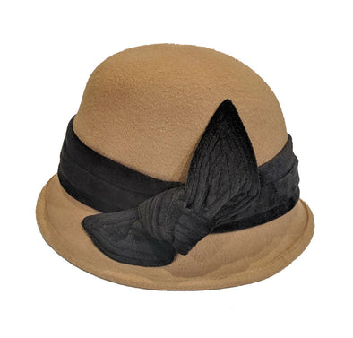 Tan Wool Cloche Hat with Black Velvet Band and Bow