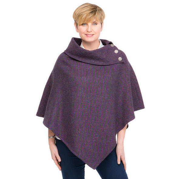 women's purple Harris Tweed poncho with metal Celtic buttons