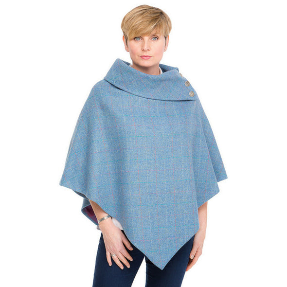 women's powder blue Harris Tweed poncho with metal Celtic buttons