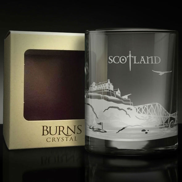 whiskey glass with Scottish landmarks engraved