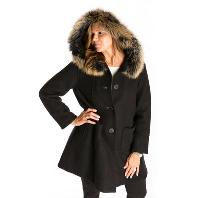 black boiled wool coat with true fur hood, women's