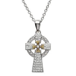 Silver Two-Tone Celtic Cross with Swarovski Crystal